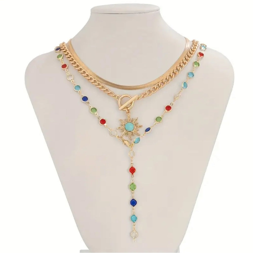 553. Gold Multicolor Gemstone 3 Piece Necklace Set