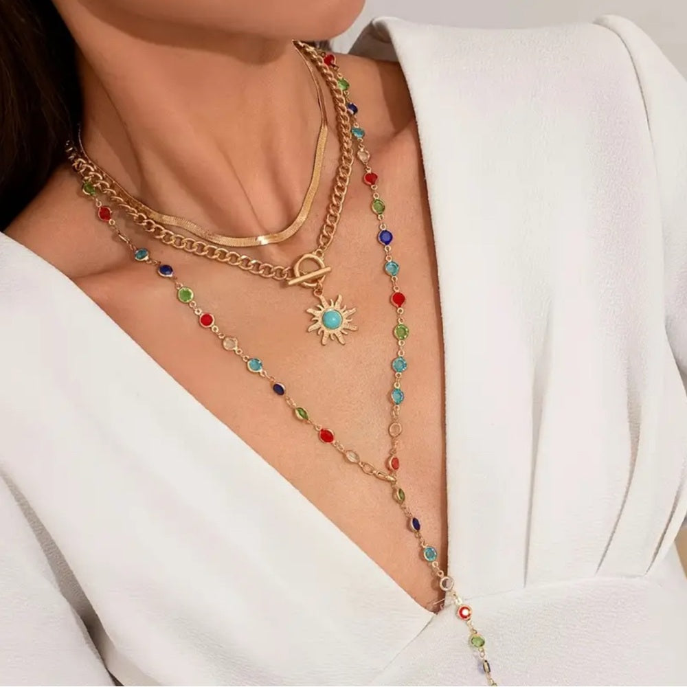 553. Gold Multicolor Gemstone 3 Piece Necklace Set