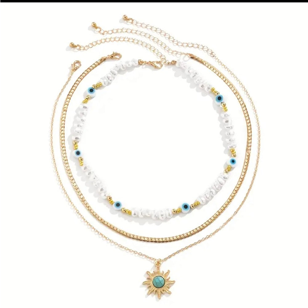 554. Gold and White Layered Necklace 3 Piece Set