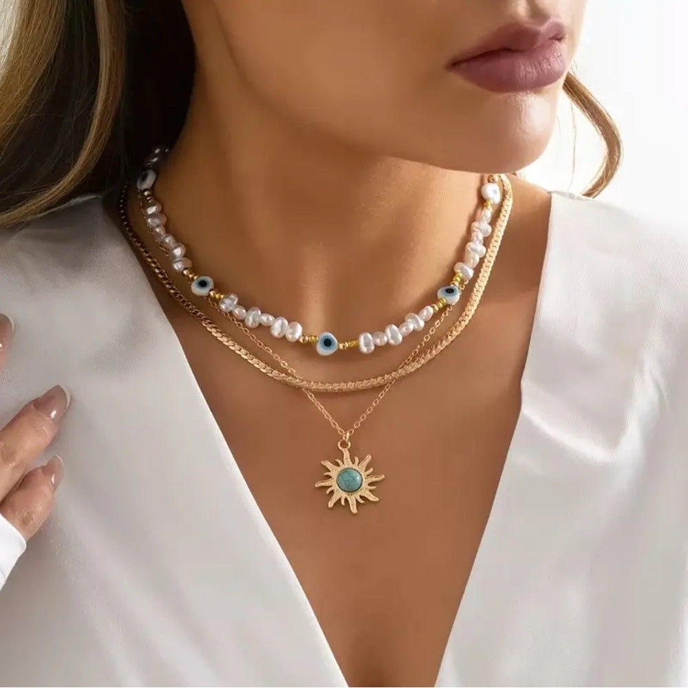 554. Gold and White Layered Necklace 3 Piece Set
