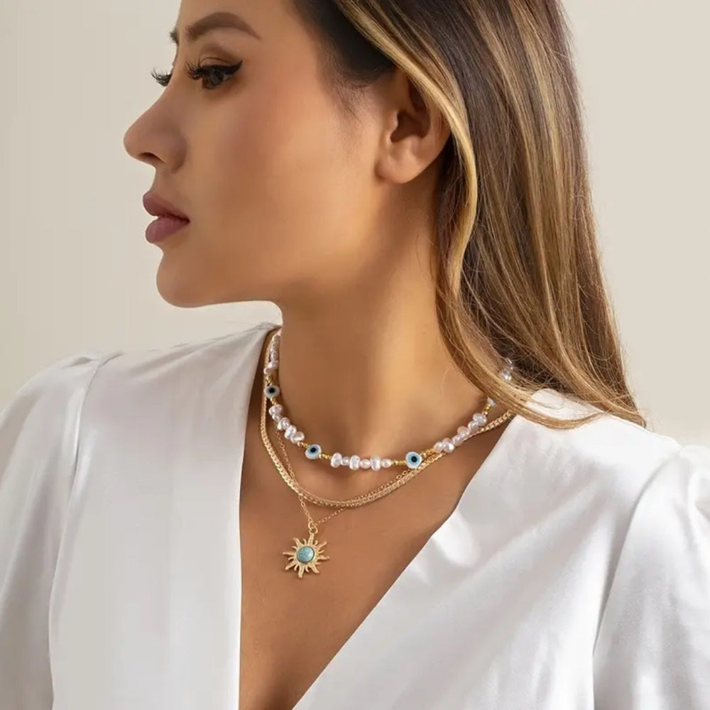 554. Gold and White Layered Necklace 3 Piece Set