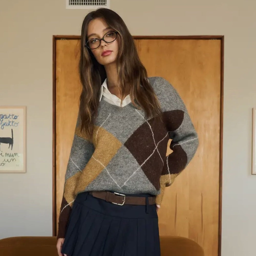 565. Colorblock Argyle Gray and Brown Sweater