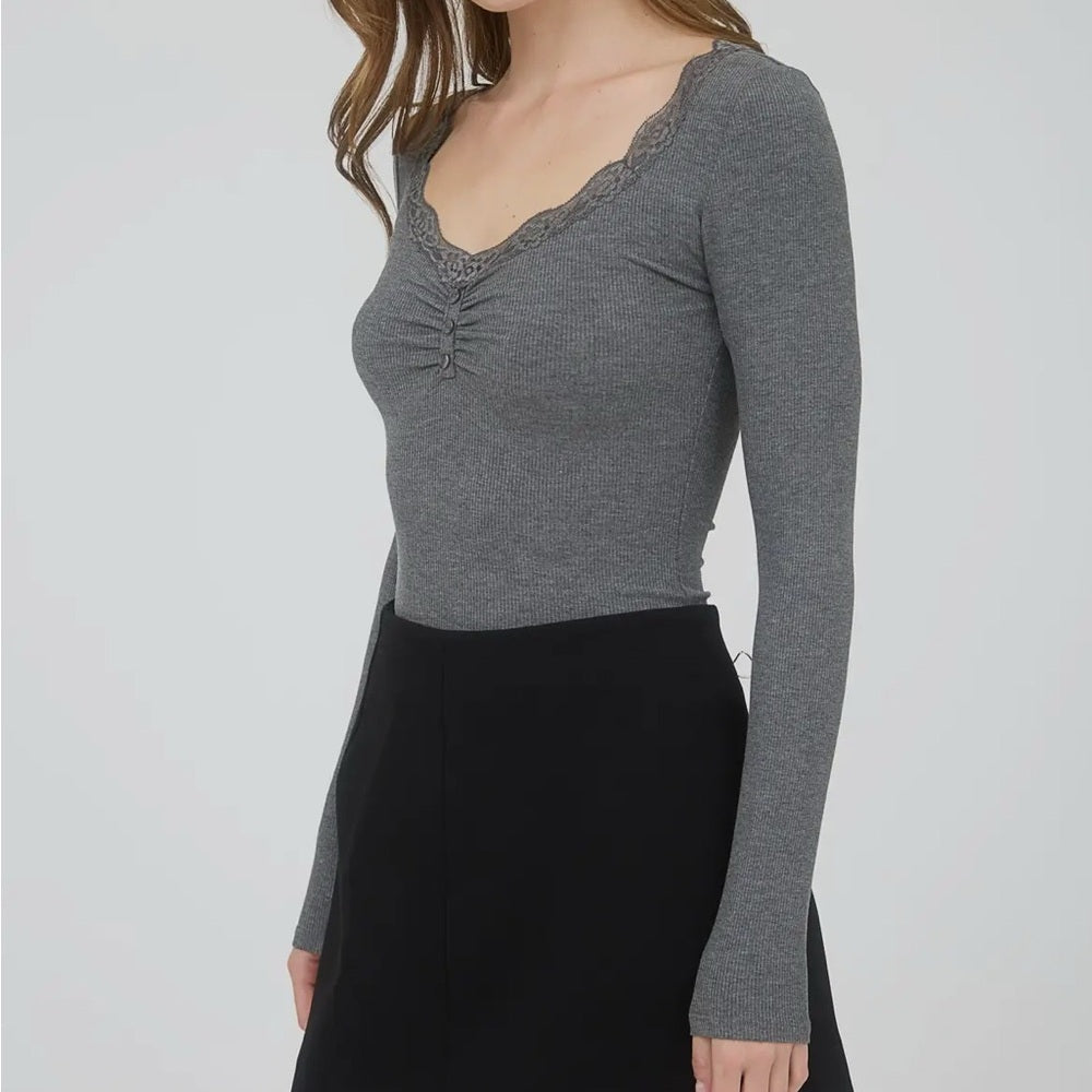 569. Gray Lace Trim Long Sleeve Top