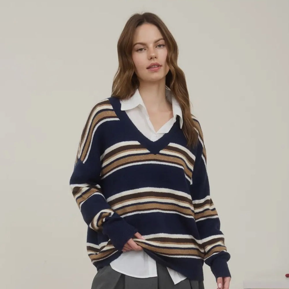 570. Striped V-Neck Sweater - Navy, White, and Brown