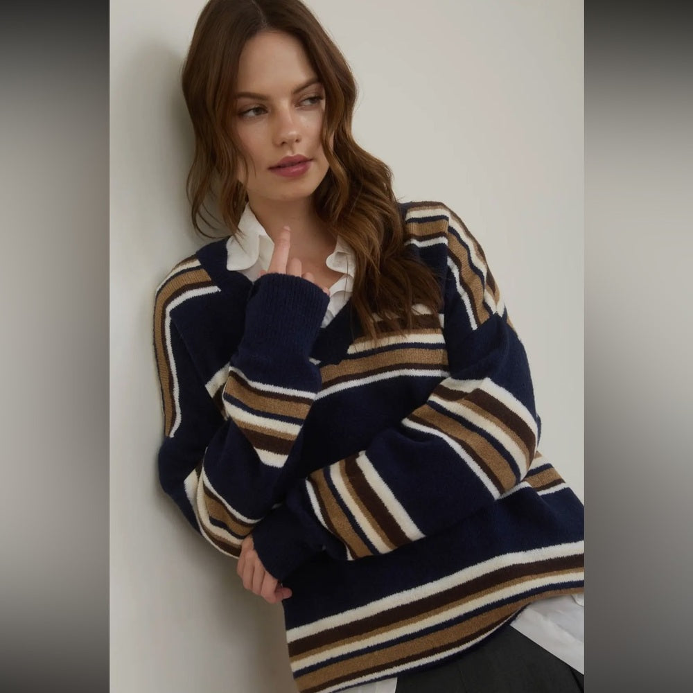 570. Striped V-Neck Sweater - Navy, White, and Brown
