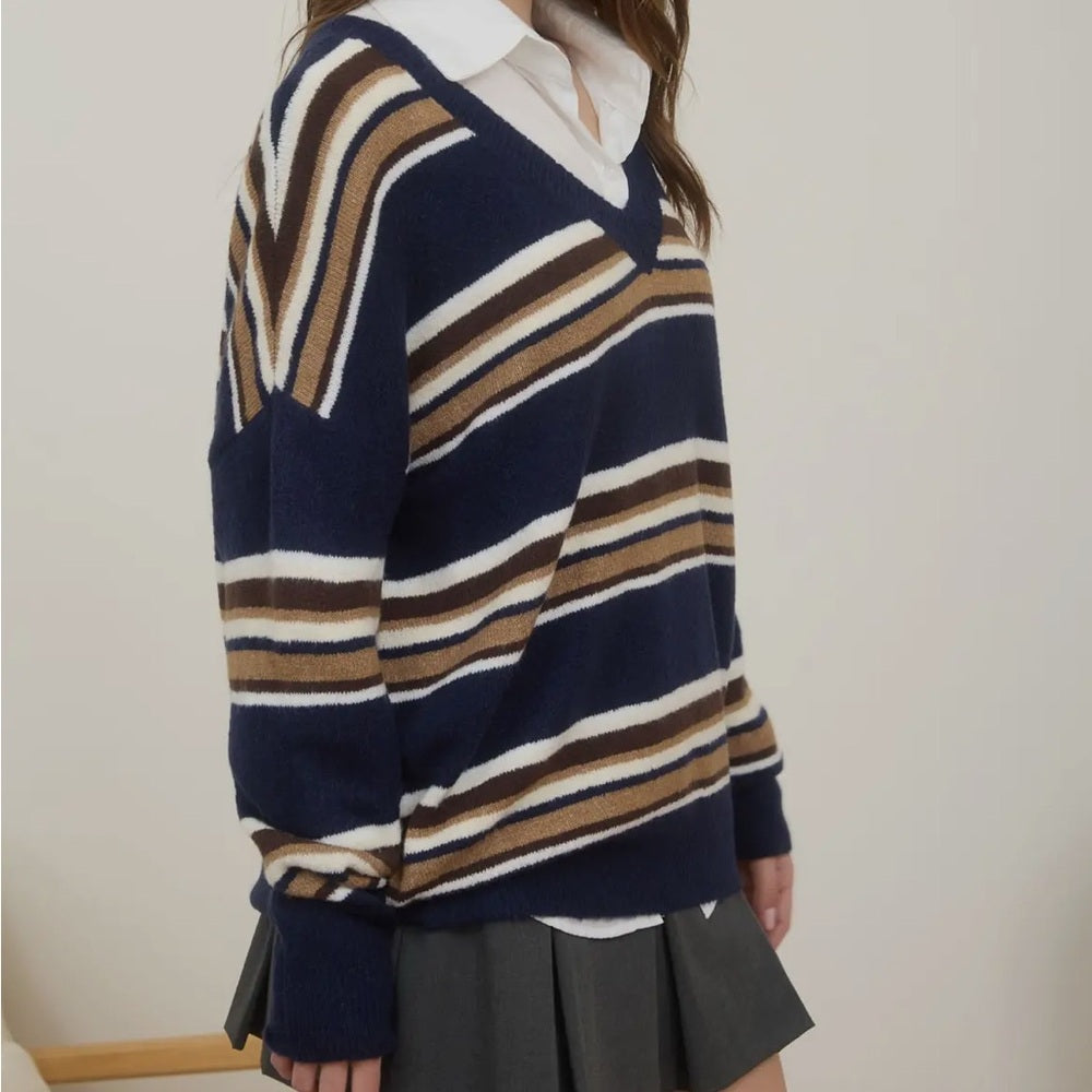 570. Striped V-Neck Sweater - Navy, White, and Brown