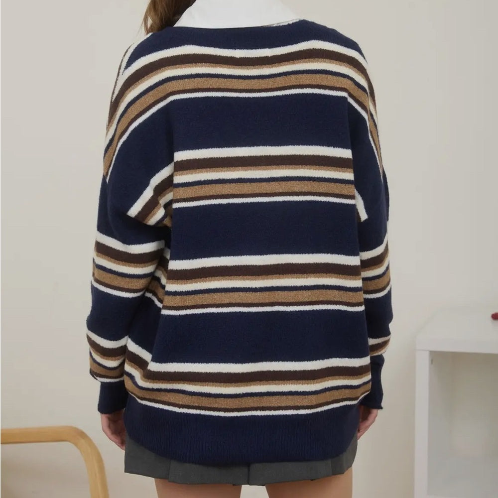 570. Striped V-Neck Sweater - Navy, White, and Brown