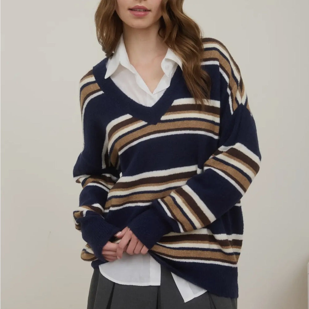 570. Striped V-Neck Sweater - Navy, White, and Brown