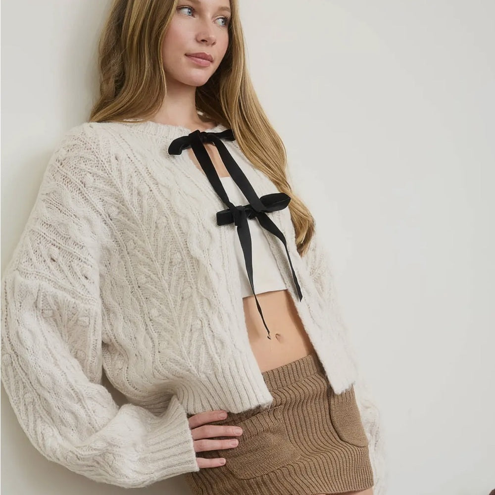 574. Cozy Cream Cable Knit Bow Cardigan