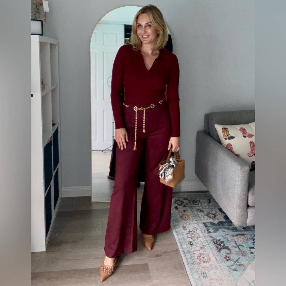 575. Burgundy Faux Suede Belted Pants