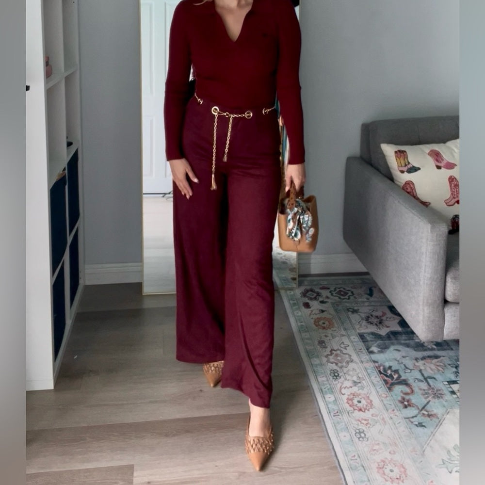 575. Burgundy Faux Suede Belted Pants