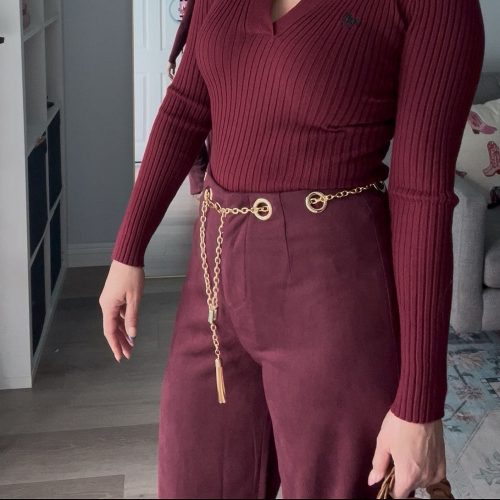575. Burgundy Faux Suede Belted Pants