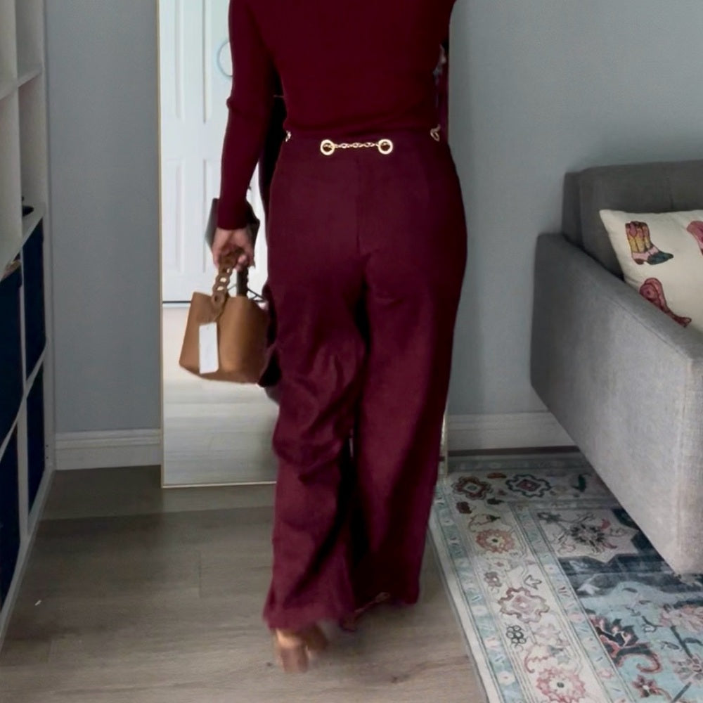 575. Burgundy Faux Suede Belted Pants