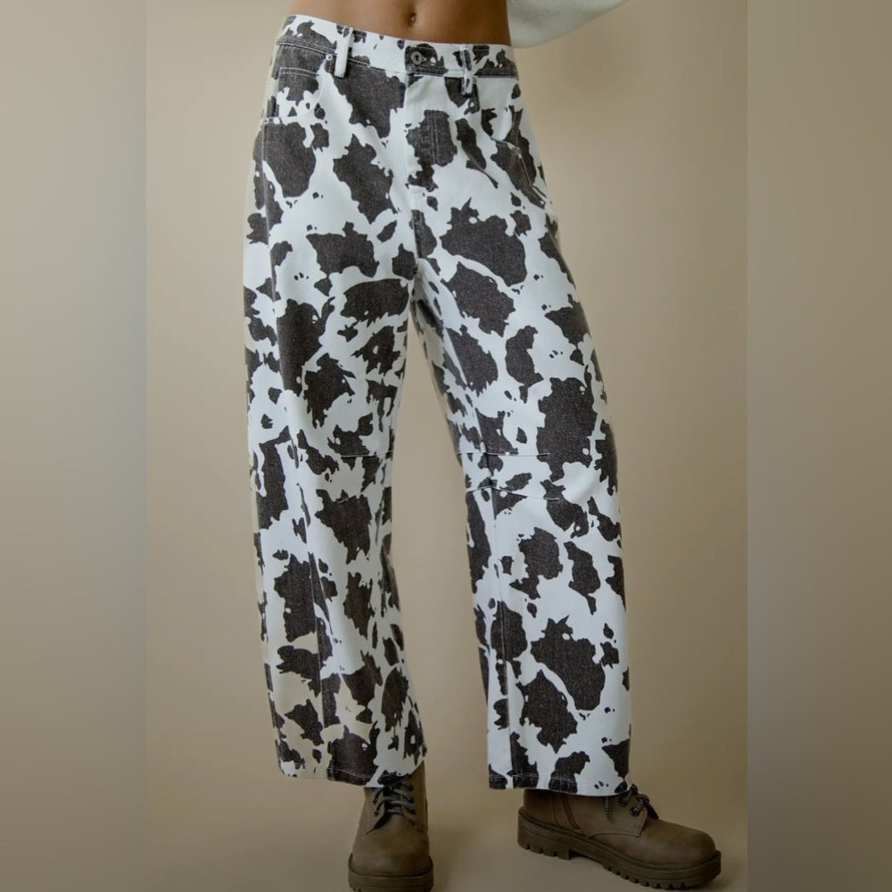 576. Cow Print Barrel Jeans