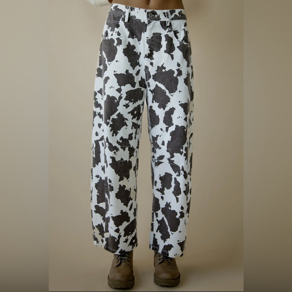 576. Cow Print Barrel Jeans