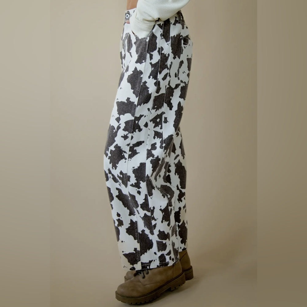 576. Cow Print Barrel Jeans