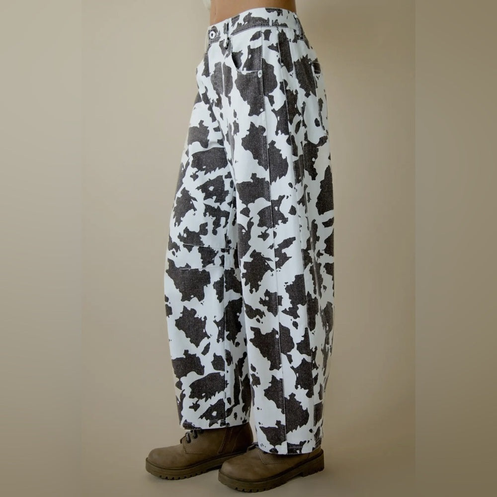 576. Cow Print Barrel Jeans