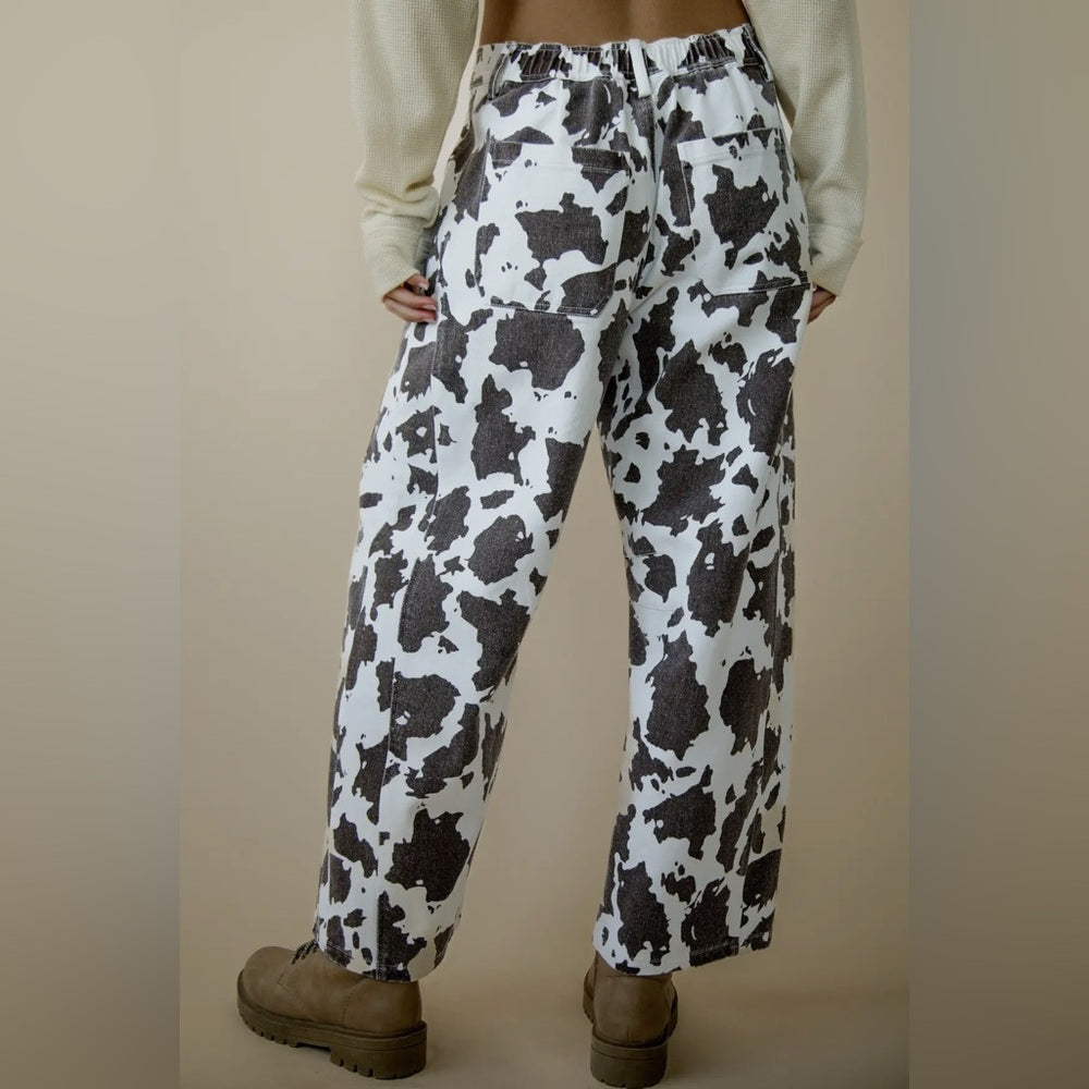 576. Cow Print Barrel Jeans