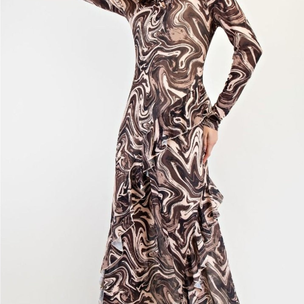 579. Easel Swirl Patterned Mesh Brown Dress