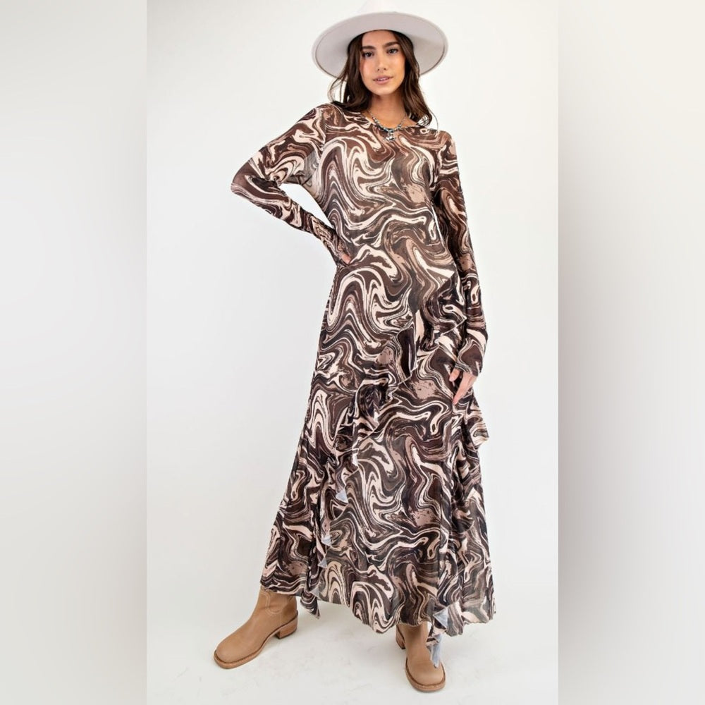 579. Easel Swirl Patterned Mesh Brown Dress