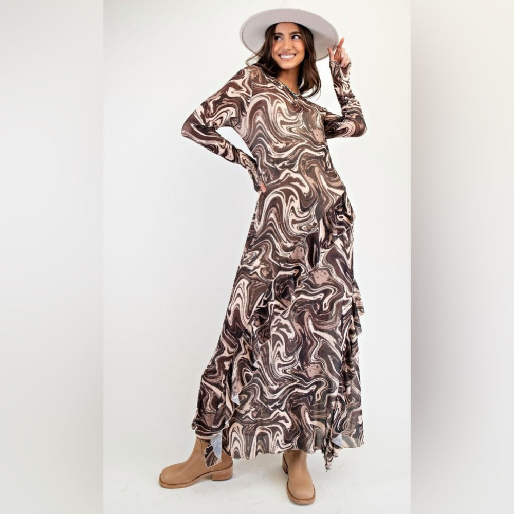 579. Easel Swirl Patterned Mesh Brown Dress