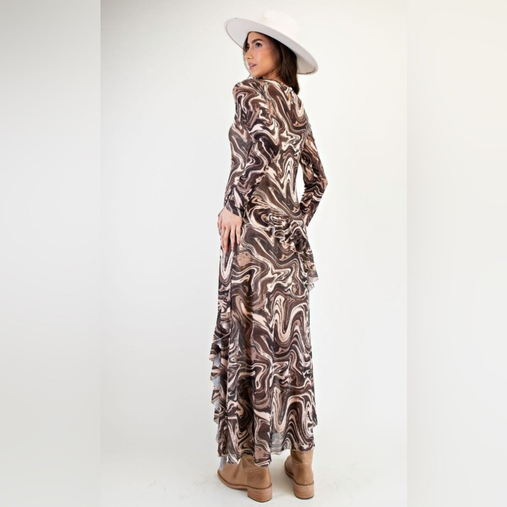 579. Easel Swirl Patterned Mesh Brown Dress