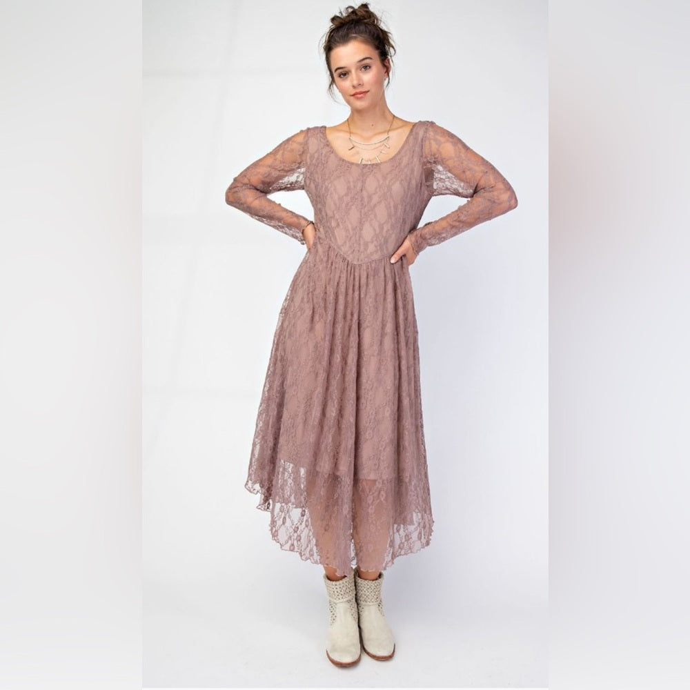 582. Easel Lace Long Sleeve Dress in Mauve