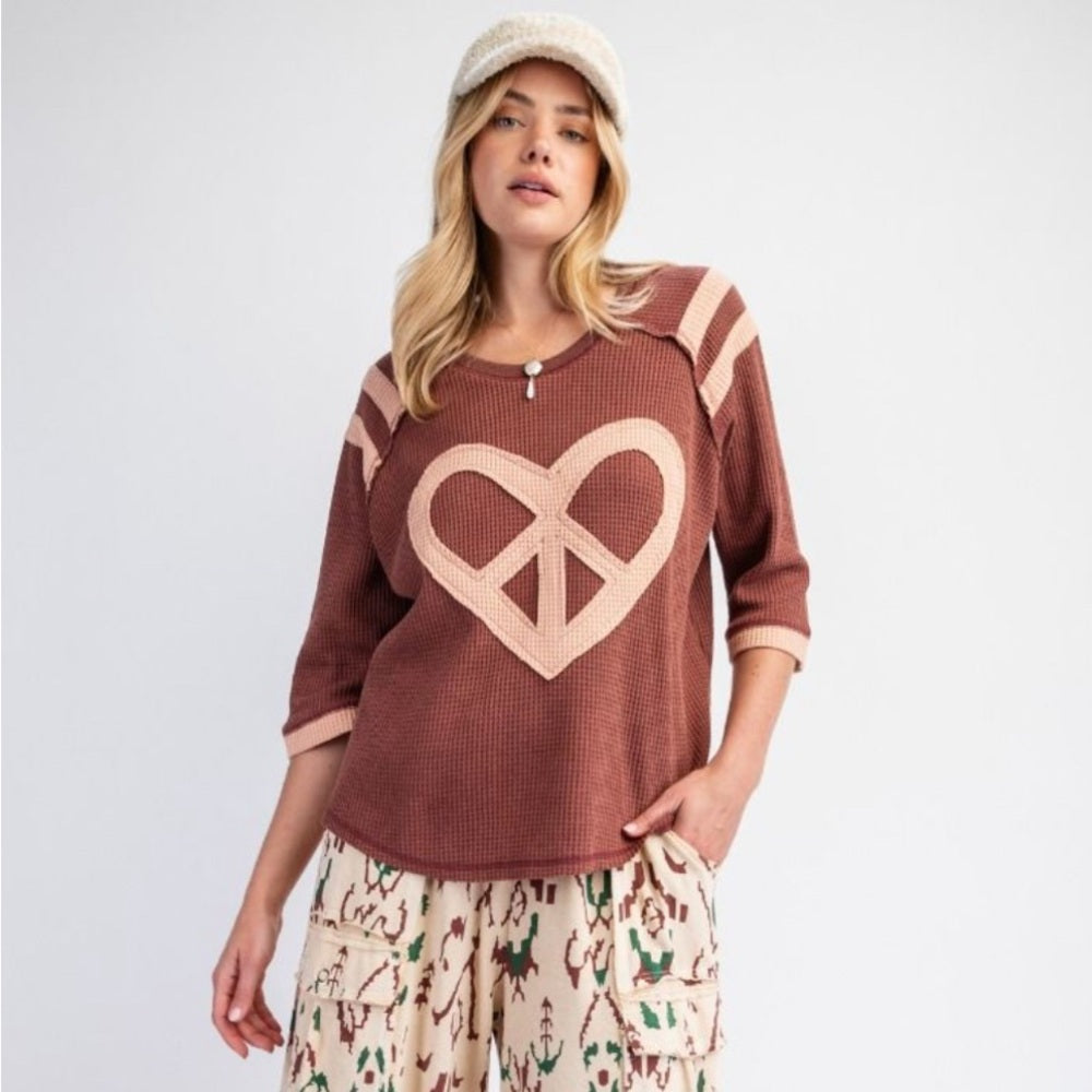 583. Easel Heart Peace Sign Waffle Knit Top
