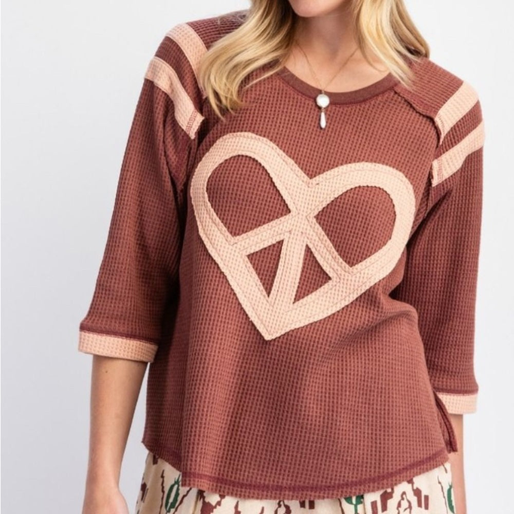 583. Easel Heart Peace Sign Waffle Knit Top