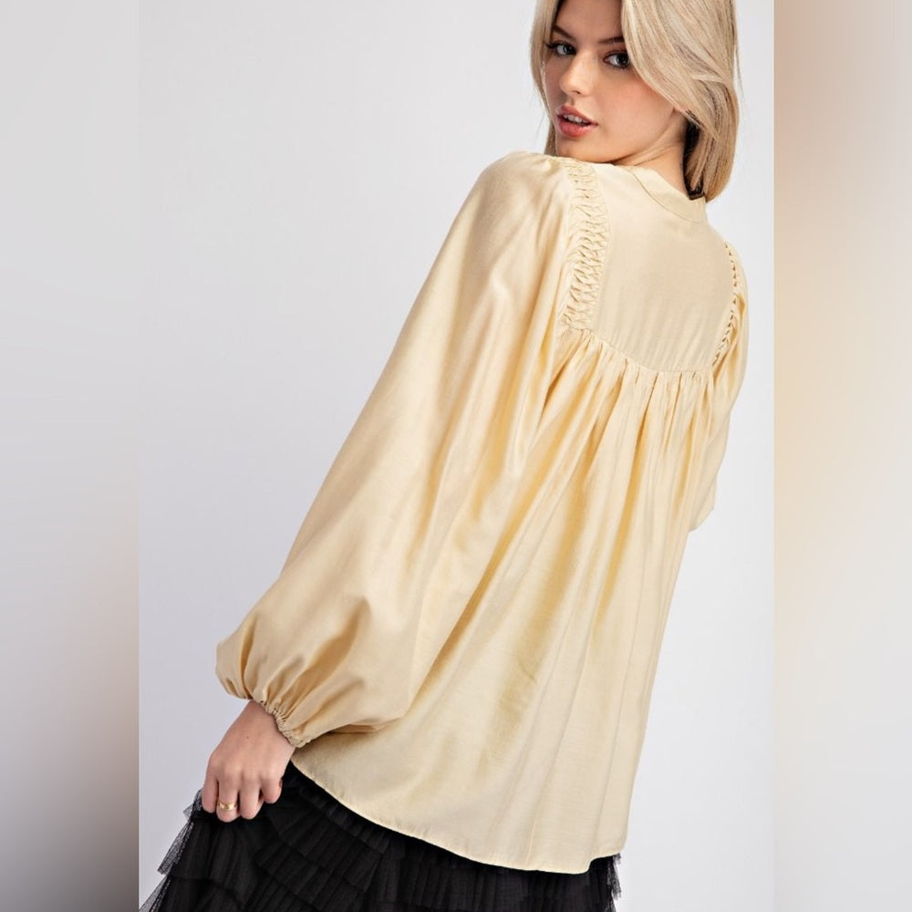 589. Easel Vintage Style Loose Fit Butter Cream Blouse With Pleated Yoke