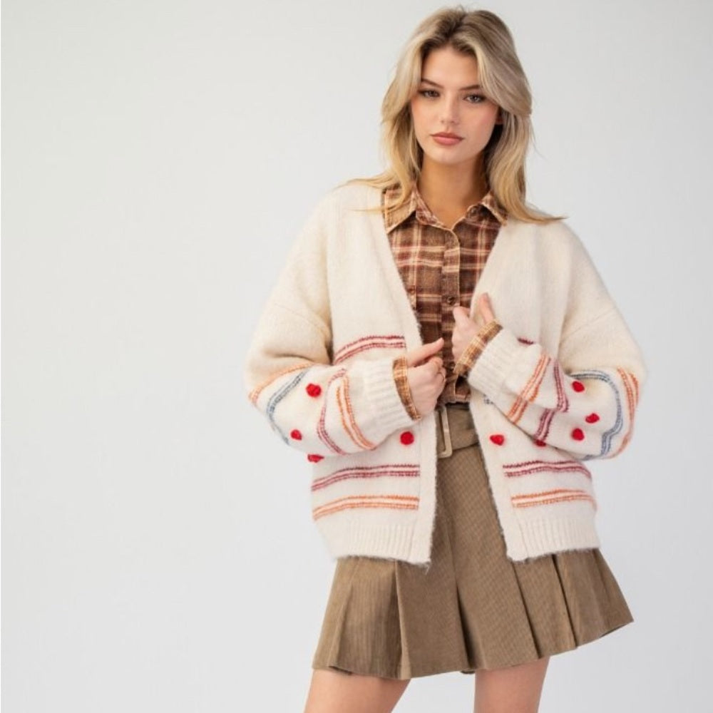 590. Easel Cream Cardigan With Striped & Polka Dot Patterns