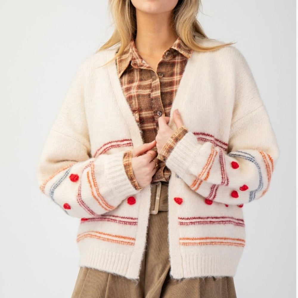 590. Easel Cream Cardigan With Striped & Polka Dot Patterns