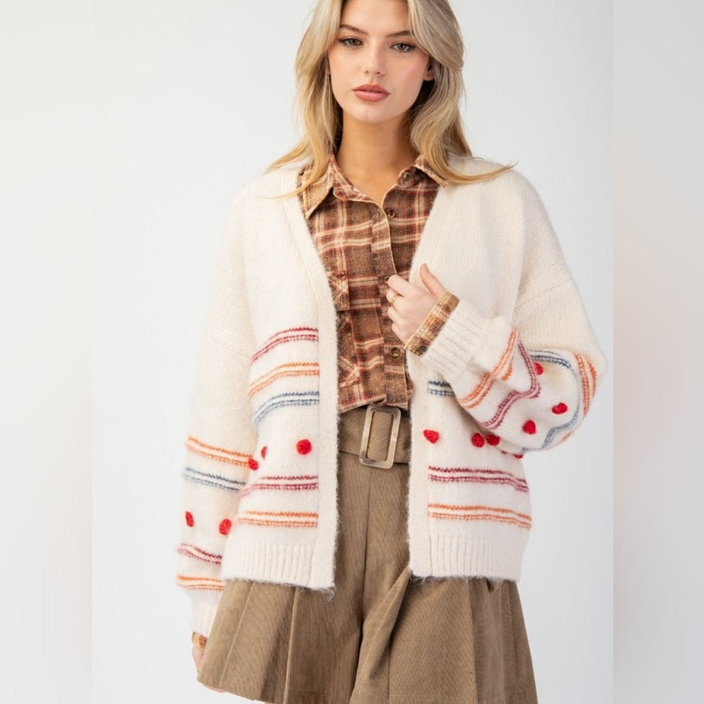 590. Easel Cream Cardigan With Striped & Polka Dot Patterns