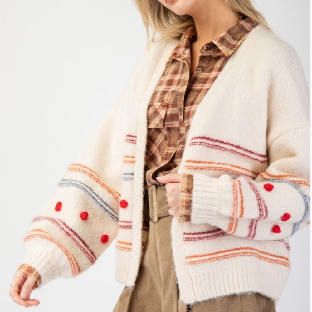 590. Easel Cream Cardigan With Striped & Polka Dot Patterns