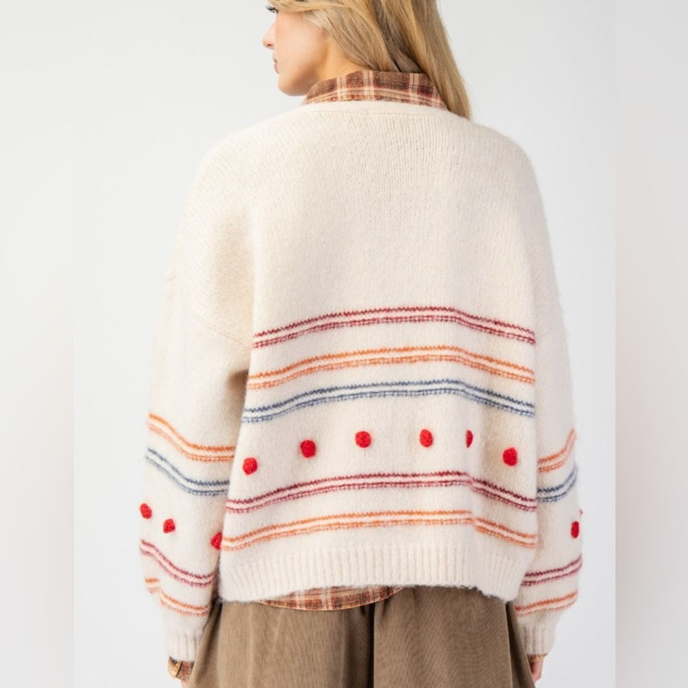 590. Easel Cream Cardigan With Striped & Polka Dot Patterns