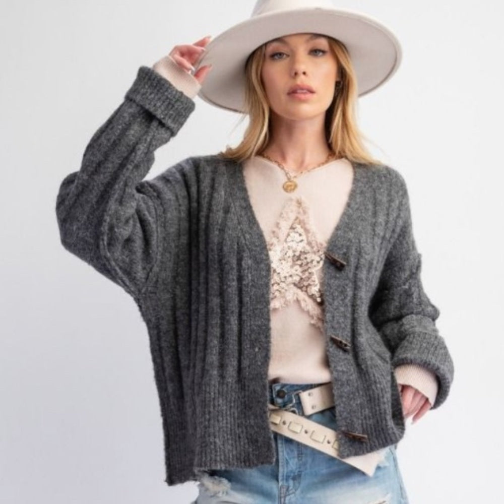 591. Easel Gray Sweater Cardigan with Toggle Buttons