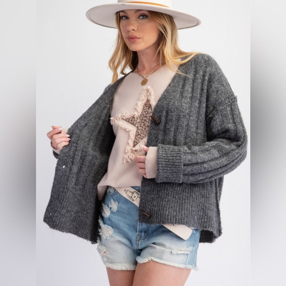 591. Easel Gray Sweater Cardigan with Toggle Buttons