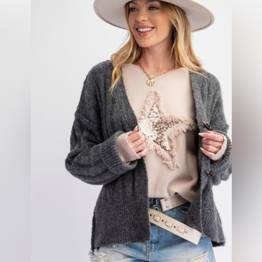 591. Easel Gray Sweater Cardigan with Toggle Buttons