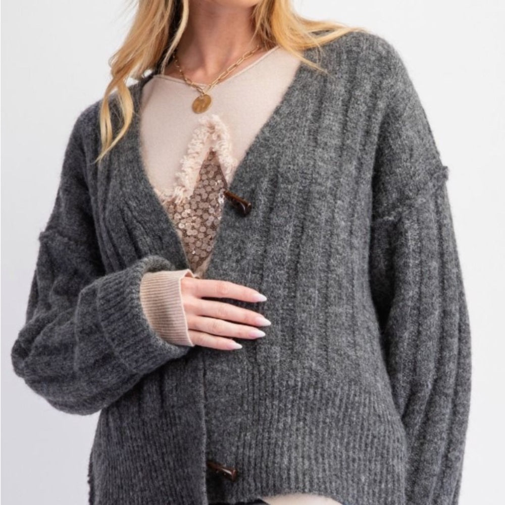 591. Easel Gray Sweater Cardigan with Toggle Buttons