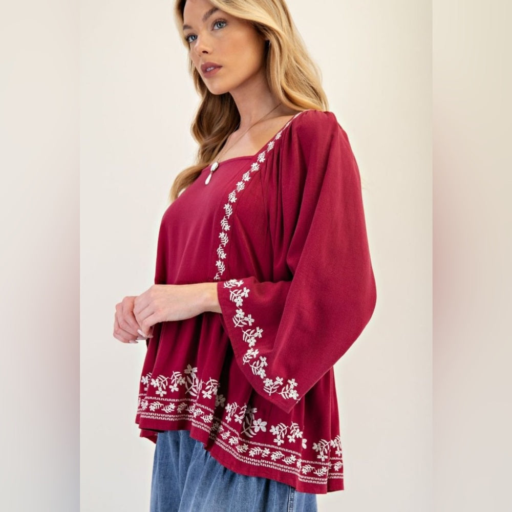 595. Easel Wine Red Embroidered Women's Top