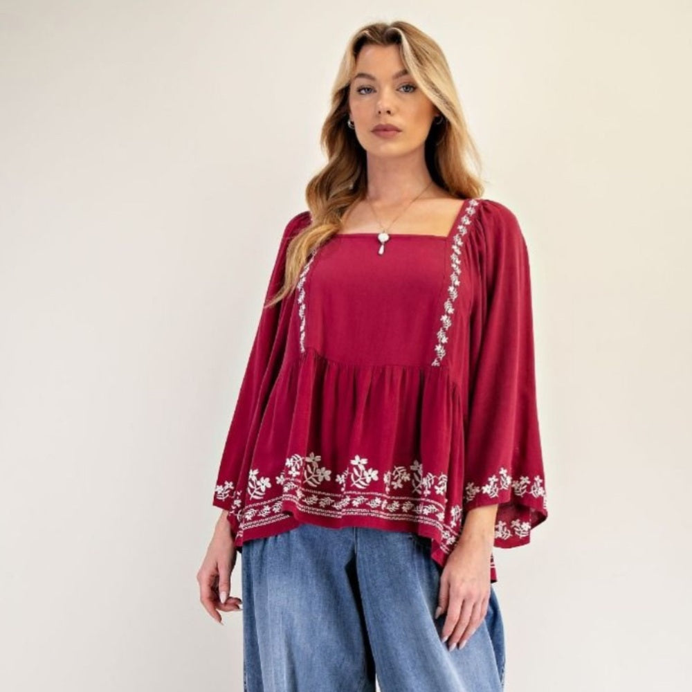 595. Easel Wine Red Embroidered Women's Top