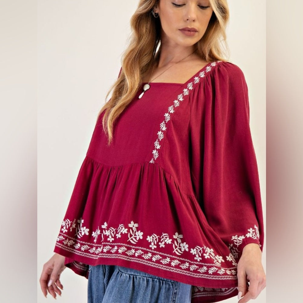 595. Easel Wine Red Embroidered Women's Top