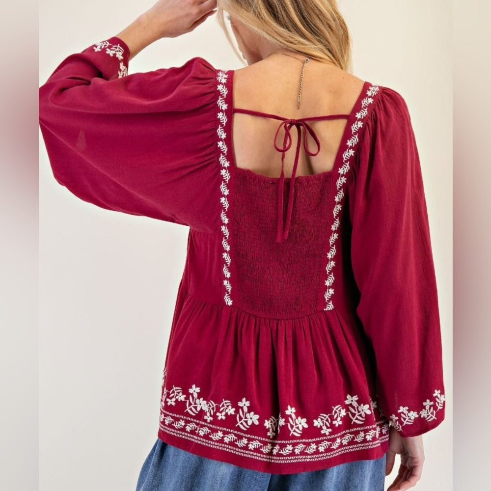 595. Easel Wine Red Embroidered Women's Top