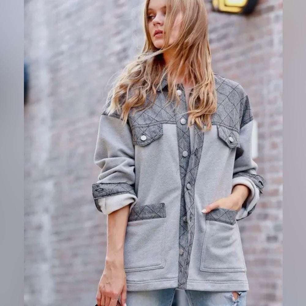 501. Gray Quilted Patchwork Jacket With Pockets & Button-Up Front