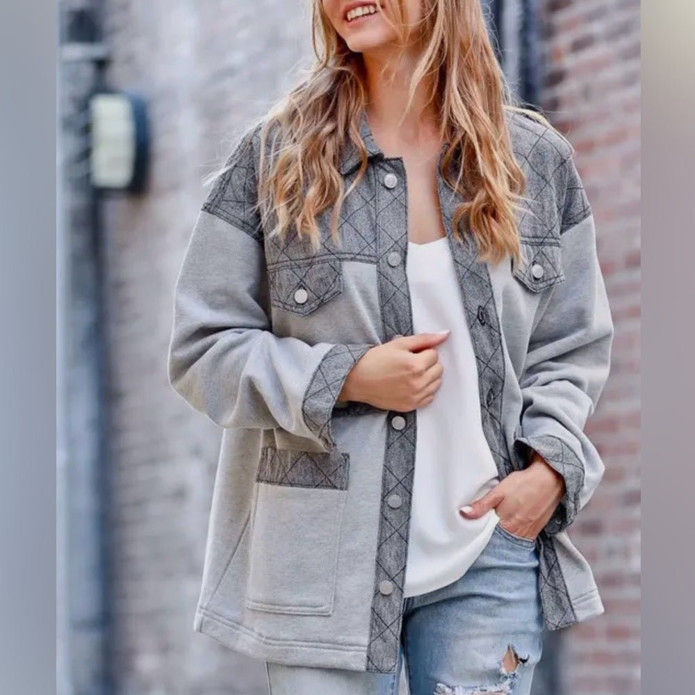 501. Gray Quilted Patchwork Jacket With Pockets & Button-Up Front