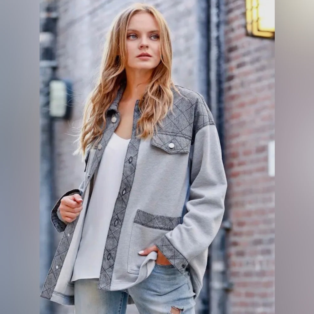 501. Gray Quilted Patchwork Jacket With Pockets & Button-Up Front