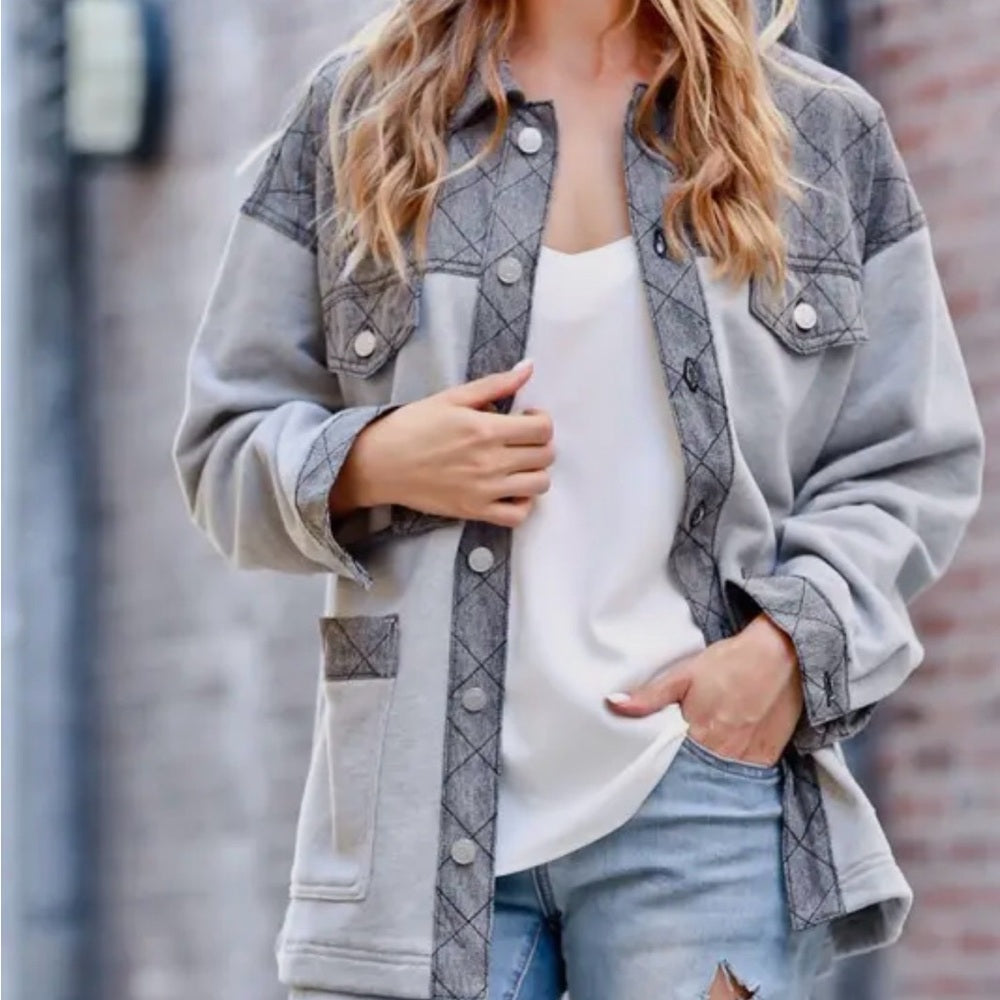 501. Gray Quilted Patchwork Jacket With Pockets & Button-Up Front