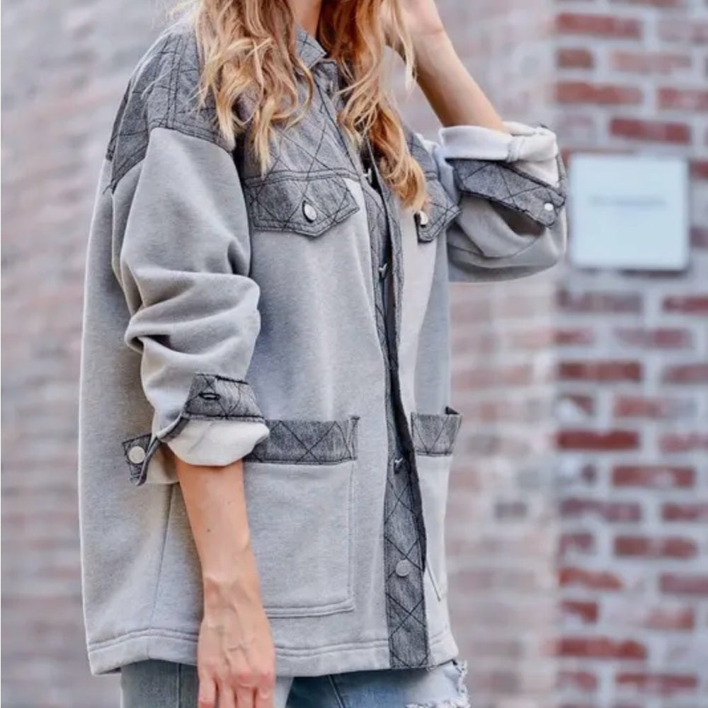 501. Gray Quilted Patchwork Jacket With Pockets & Button-Up Front