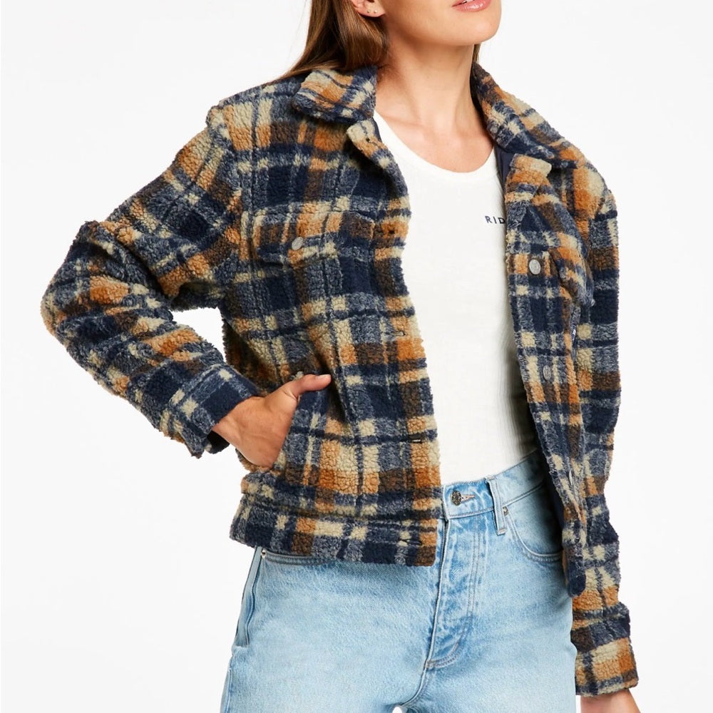 502. Plaid Teddy Jacket - Blue and Tan