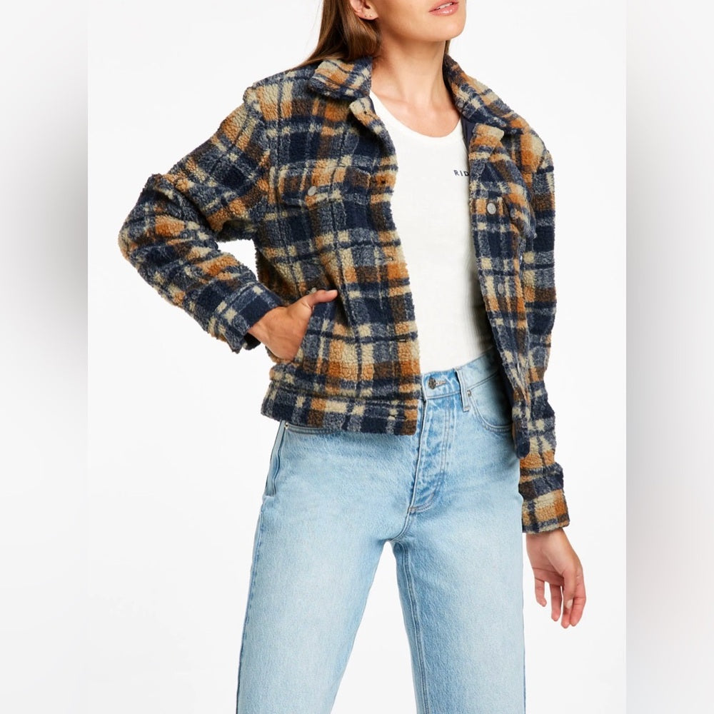 502. Plaid Teddy Jacket - Blue and Tan